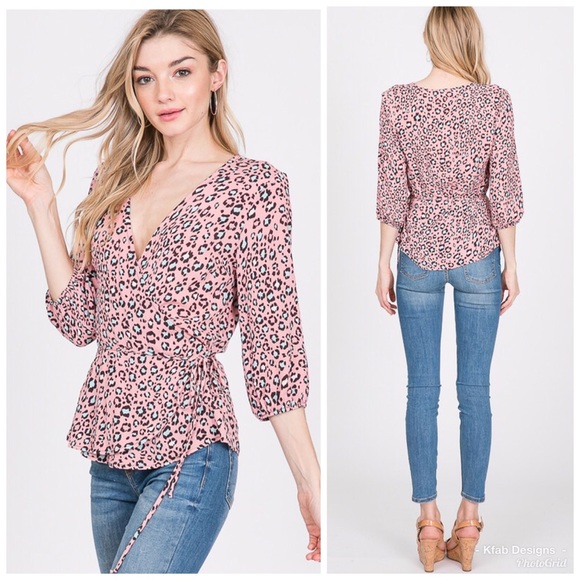 🥰LAST 1! Animal Print Pink Wrap Top! - Picture 2 of 4